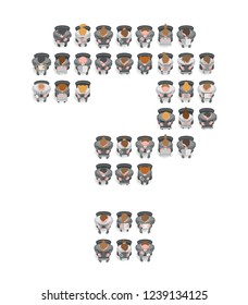 Vector illustration. Professionals sit in chairs in the shape of a question mark. Top view. Businessmen and businesswoman are sitting in armchairs in the audience. View from above.