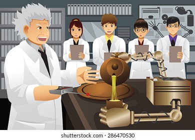 A vector illustration of professor presenting his experiment invention to his students