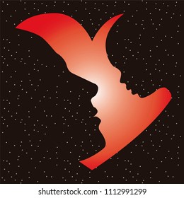 Vector illustration of the profile of a father with his baby carved into a shining heart, with stars on the background. Good for father's day.