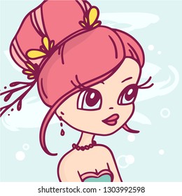 Vector illustration of profile portrait of beautiful girl with necklace and hairstyle on blue color background. Line art style of a cute girl for web, site, party card, invitation, poster