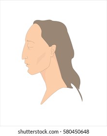 Vector illustration ''Profile portrait of a calm woman with long dark hair and closed eyes" .Cartoon style. Isolated on white background.