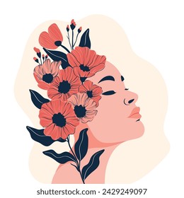 Ilustración vectorial de un perfil de una chica bonita con flores para postal, banner o diseño de redes sociales, estilo plano. Día Internacional de la Mujer