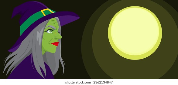 Vector illustration of profile side view of smiling witch on moon background