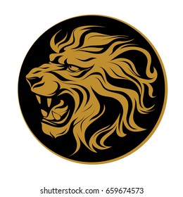 vector illustration, profile silhouette head of a roaring lion, coat of arms on a coin