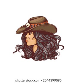 Vector illustration of the profile of a woman with black hair and wearing a cowboy hat with a decorative skull, made in the style of a handmade western.