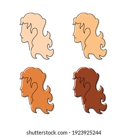 Vector illustration of a profile of a woman with long curly hair. Four variants of skin color, from light to dark. Line art for banner, poster, logo, clothing, catalog, advertisement design, print
