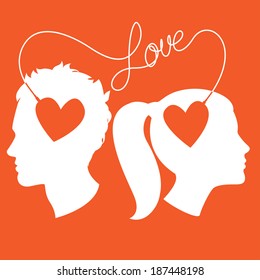 Vector Illustration of  Profiles of man and woman connected by love wire
