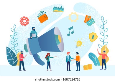 vector illustration profitable proposition concept Teamwork, office workers near the loudspeaker, symbols of communication and revenue growth