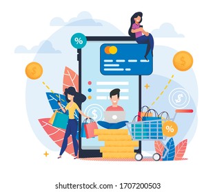 Vector Illustration Profitable Safe Online Shopping. Happy Girl goes Shopping and Looks into Phone. Young Man Sitting on Yellow Coins with Laptop. Girl is Sitting on  Map and Leaning on Smartphone.