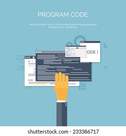 Vector illustration. Program code. Flat computing background. Programming and coding. Web development and search. Search engine optimization. Innovation and technologies. Mobile app.