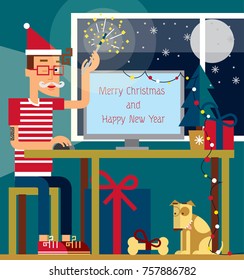 vector illustration of programer and dog in christmas night. postcard for merry christmas and happy new year