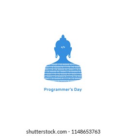 Vector illustration of a programmer day, Buddha and binary code, flat silhouette