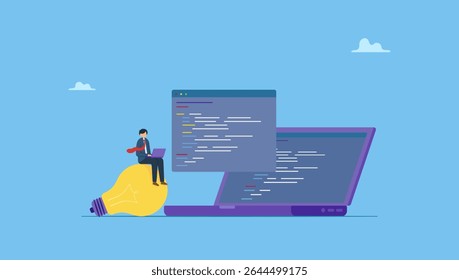 Vector illustration of programmer developing software. Mobile application development. Web design and mobile app design process.