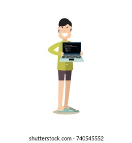 Vector illustration of programmer holding laptop with program codes on screen. Creative team people flat style design element, icon isolated on white background.
