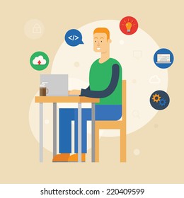 Vector illustration of a programmer sitting at the desk and working on laptop in the office. Flat style 