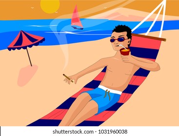 Vector illustration. Programmer in sunglasses resting on the beach, lying on a hammock, Smoking a cigar and drinking juice.