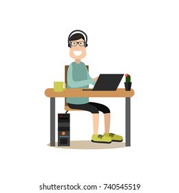 Vector illustration of programmer or tester male in headphones working on computer, testing software. Creative team people flat style design element, icon isolated on white background.