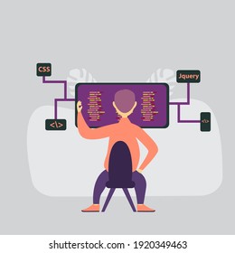 Vector illustration. Programmer at work concept, Programming skills concept with character. modern flat people character. ideal for websites, landing pages, UI, mobile applications, posters, banners.