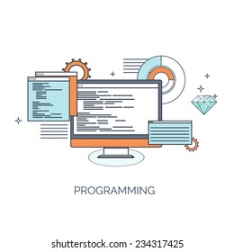 Vector illustration. Programming.  Flat computing background. Programming and coding. Web development and search. Search engine optimization. Innovation and technologies. Mobile app.