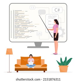 Vector illustration Programming languages learning. Software coding courses, website development class, script writing. IT programmers. Training Distance Online education. Studying remotely E-learning