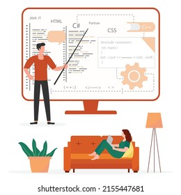 Vector illustration Programming languages learning. Software coding courses, website development class, script writing. IT programmers. Training Distance Online education. Studying remotely E-learning