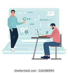 Vector illustration Programming languages learning. Software coding courses, website development class, script writing. IT programmers. Training Distance Online education. Studying remotely E-learning
