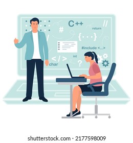 Vector illustration Programming languages learning. Software coding courses, website development class, script writing. IT programmers. Training Distance Online education. Studying remotely E-learning