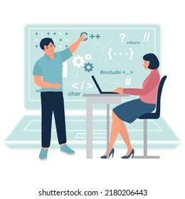 Vector illustration Programming languages learning. Software coding courses, website development class, script writing. IT programmers. Training Distance Online education. Studying remotely E-learning