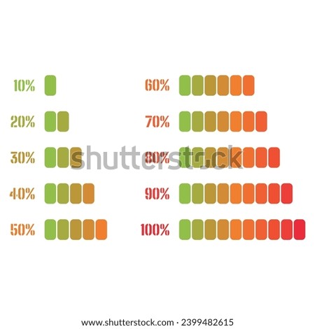 Vector illustration of progress bars in percentage, from zero to one hundred percent. Charging a battery.