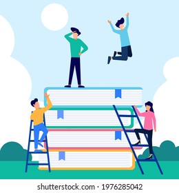 Vector illustration of the progress of learning for students, the concept of book reading by academics and students. Gain knowledge with academic study and cognitive academic research.