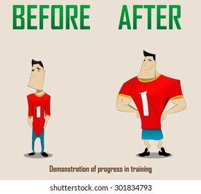 Vector illustration of Illustration of progress in training.Before training and after. Two cartoon characters. Vector