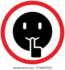 Vector illustration of a “keep silent” prohibition sign featuring a finger-on-lips gesture inside a red circle with a diagonal line. Suitable for libraries, offices, meeting rooms, hospitals, schools, and quiet zone signage. Clean flat icon design isolated on a white background.