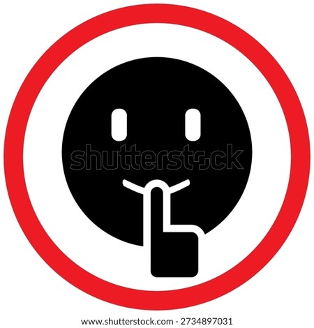 Vector illustration of a “keep silent” prohibition sign featuring a finger-on-lips gesture inside a red circle with a diagonal line. Suitable for libraries, offices, meeting rooms, hospitals, schools, and quiet zone signage. Clean flat icon design isolated on a white background.
