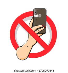 Vector illustration with prohibition sign for photo, woman hand with mobile phone isolated on white background