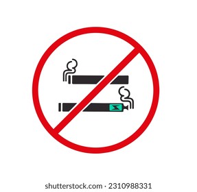 Ilustración vectorial de un signo de prohibición de fumar cigarrillos y sustancias tabaqueras electrónicas