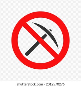 Vector illustration of prohibition to use pickaxe icon in dark color and transparent background(png)