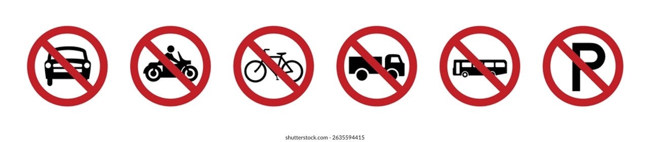 Vector illustration of prohibitory road signs including no cars, motorcycles, trucks, buses, bicycles, and no parking. Icons, vector, symbols.