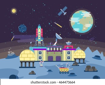 Vector illustration of a project to develop the planet surface, a permanent habitable base, Colonization of the moon and near-Earth space in the flat style