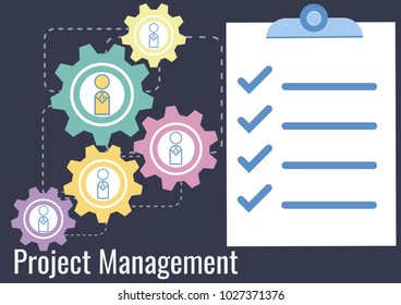 Vector illustration of project management Business Concept. business partner team working around together with Gears and clipboard. Flat Design. Analysis and planning keywords.