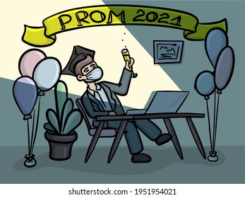 Vector illustration of prom 2021. The graduate is sitting with a glass of champagne in front of laptop 