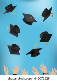 Vector illustration of a prom, graduate caps thrown into the sky. Hands of people.