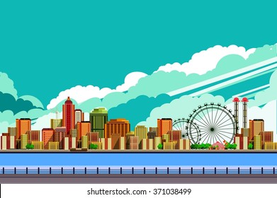 vector illustration promenade on the water sailing a sailboat in the distance a great city