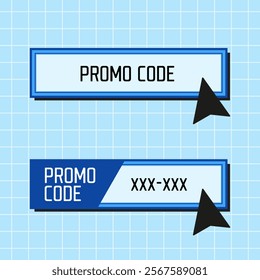 Vector illustration of promo code input fields with cursor pointer, styled in a minimalistic design. Perfect for e-commerce, marketing, or discount promotion concepts.