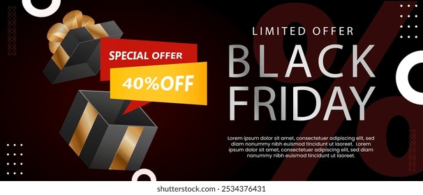 Uma ilustração Vetor promovendo uma oferta limitada Black Friday com uma caixa de presente e 40% de desconto, enfatizando uma experiência de compra exclusiva.