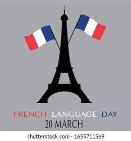  Vector illustration promoting the French Language Day, contours of the Eiffel Tower with French flags and text.Graphic element for poster or banner.