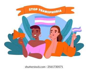 A vector illustration promoting LGBTQ rights with a Stop Transphobia banner. Two individuals hold a megaphone and a transgender pride flag, surrounded by decorative foliage.