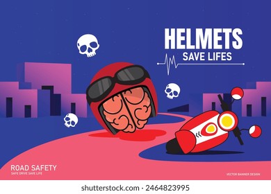 vector illustration promoting road safety. highlights the importance of wearing helmets while riding motorcycles. Featuring a helmet with a brain inside, fallen motor bike, and skull icons, 