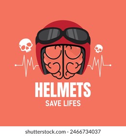 vector illustration promoting road safety. highlights the importance of wearing helmets while riding motorcycles. Featuring a helmet with a brain inside, fallen motor bike, and skull icons, 