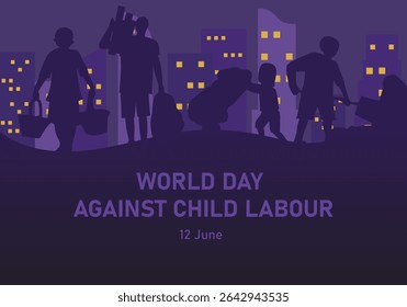 A vector illustration promoting the World Day Against Child Labour, featuring silhouettes of individuals in various labor activities set against an urban backdrop.