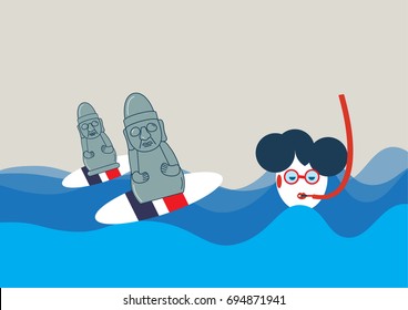 Vector illustration for promotion surfing on Jeju Island. Doll hareubang, known as harubang or Stone Grandfather statue surfing on a surfboard. Haenyeo or Jeju female diver known as Jeju-do Sea Woman.